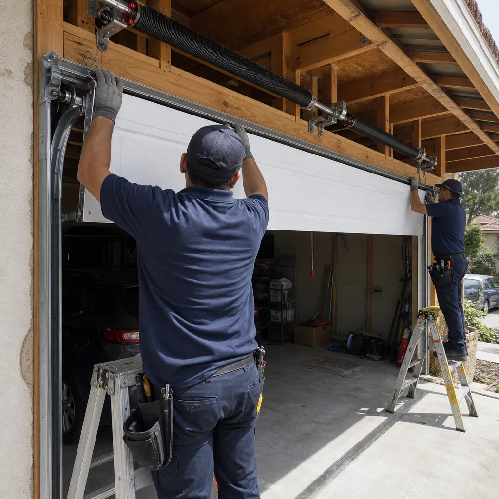 Professional technicians performing a garage door installation