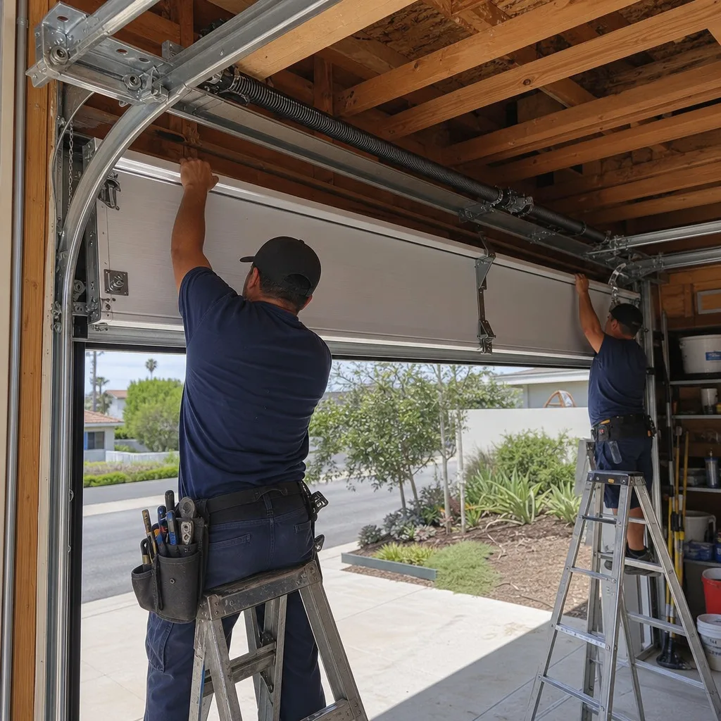 Two professional technicians installing a modern residential garage door