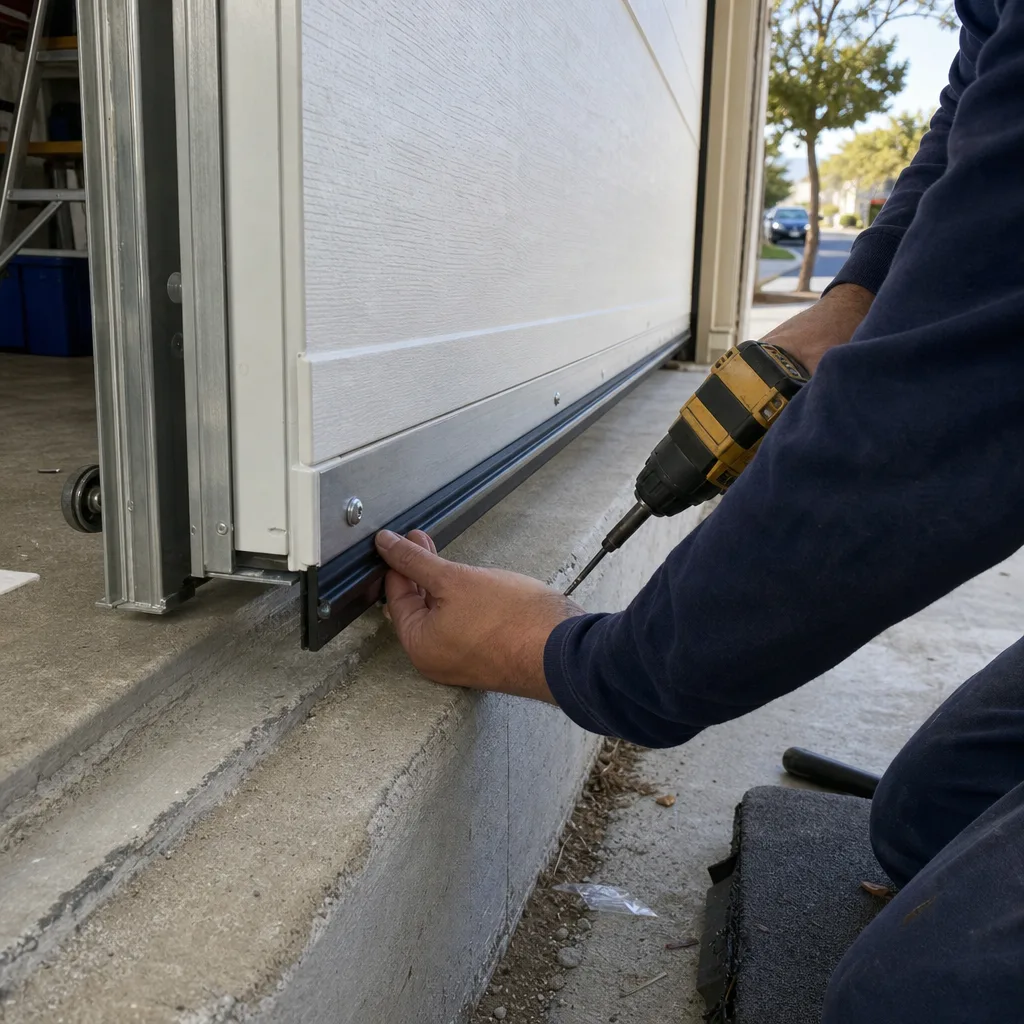Technician installing a new weather seal on a garage door