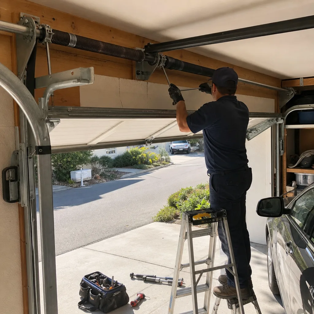 Technician using a winding bar for professional garage door spring repair