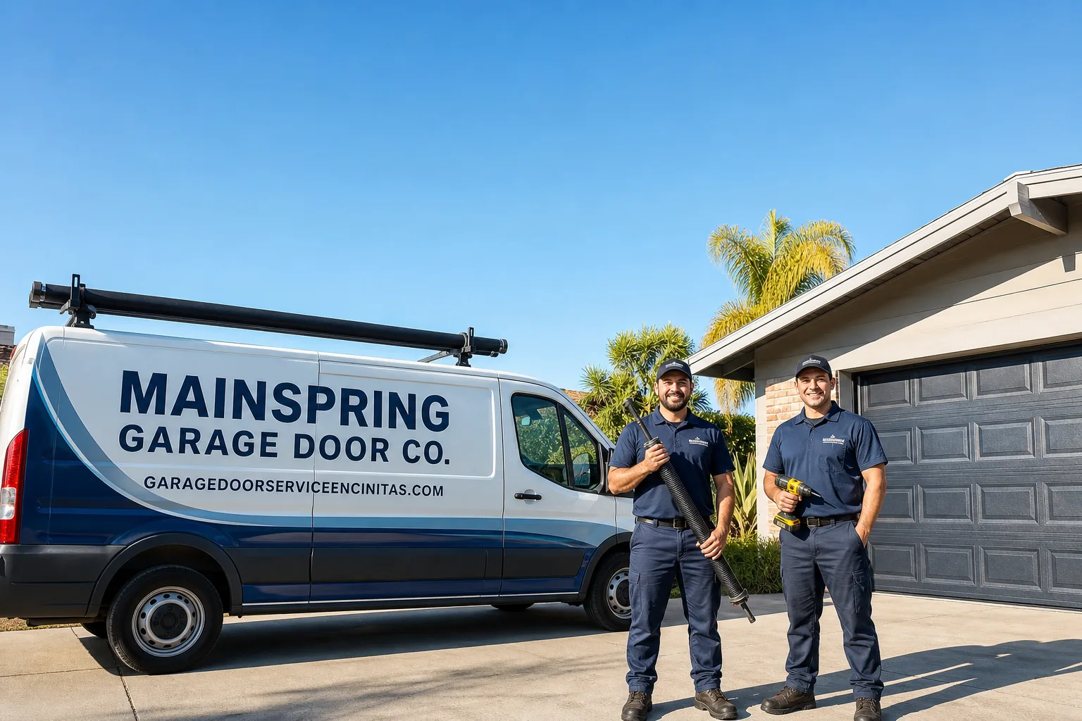Mainspring Garage Door Co. garage door service vehicle and crew in Encinitas, CA